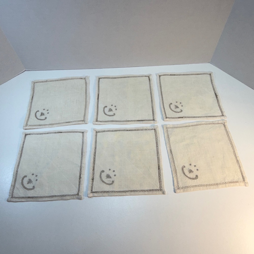 Vintage Set of 6 Linen Paw Print Embroidered Cocktail‎ Napkins Coasters Cream
